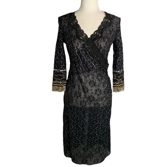 Vintage 90s Betsey Johnson Sheer Lace Midi Dress L Black Silver Metallic Wrap - Picture 1 of 6